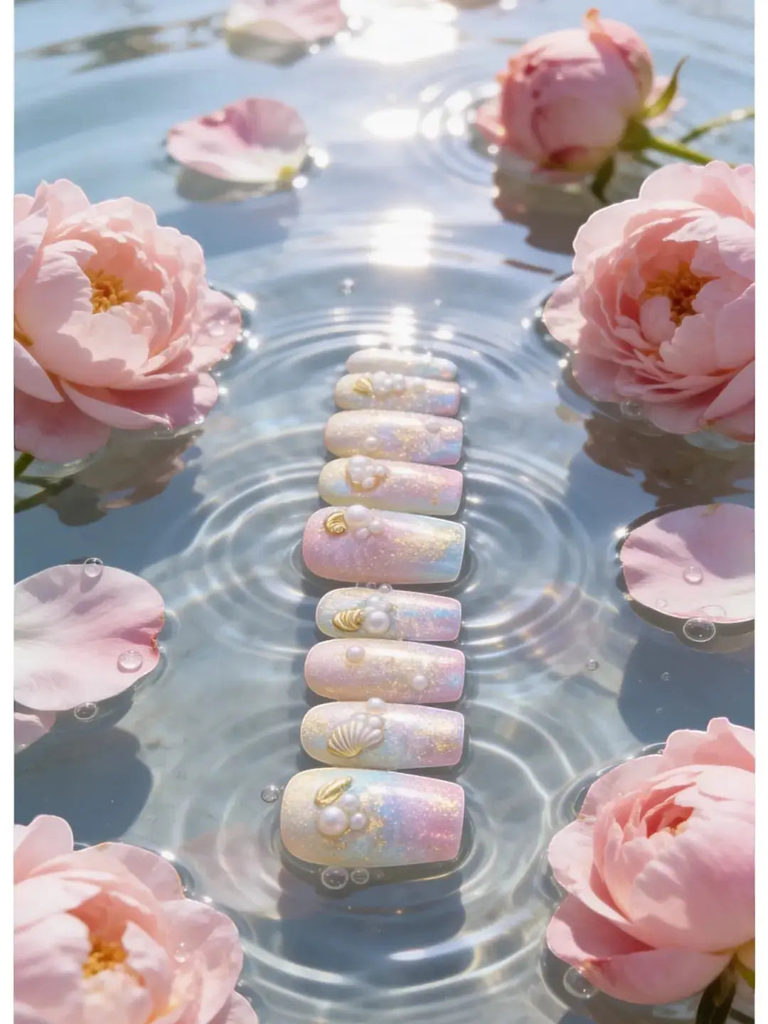 Press to Impress Pastel Mermaid Pearl Press-On Nails with iridescent chrome finish, pearls, and gold shells.