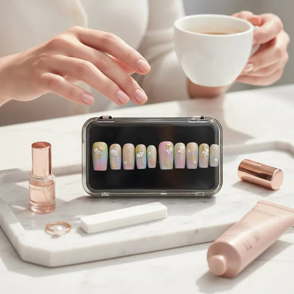 Press to Impress Pastel Mermaid Pearl Press-On Nails with iridescent chrome finish, pastel hues, pearls, and gold shell accents.