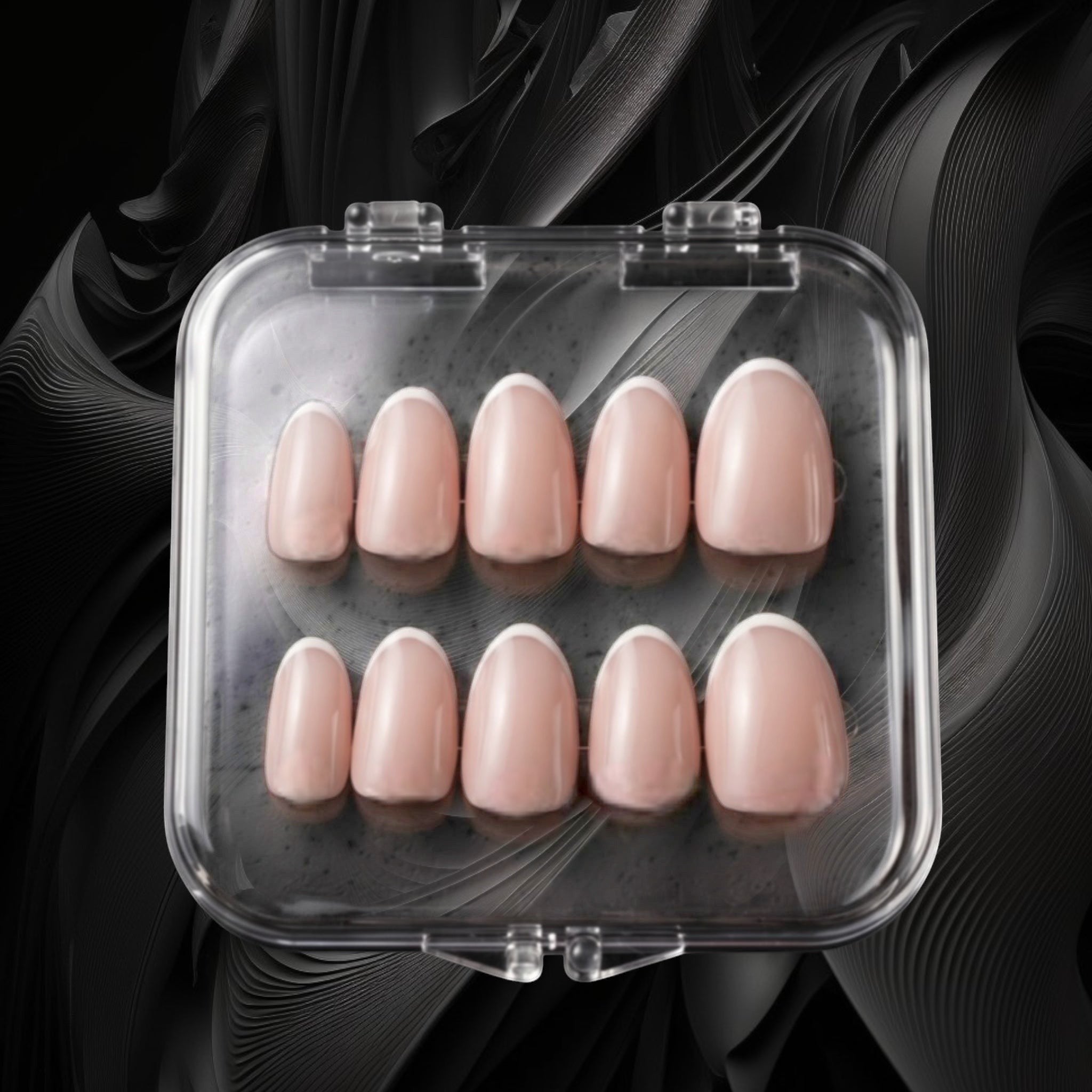 Press to Impress Refined French reusable press-on nails in soft pink nude with white French tips, short round shape.