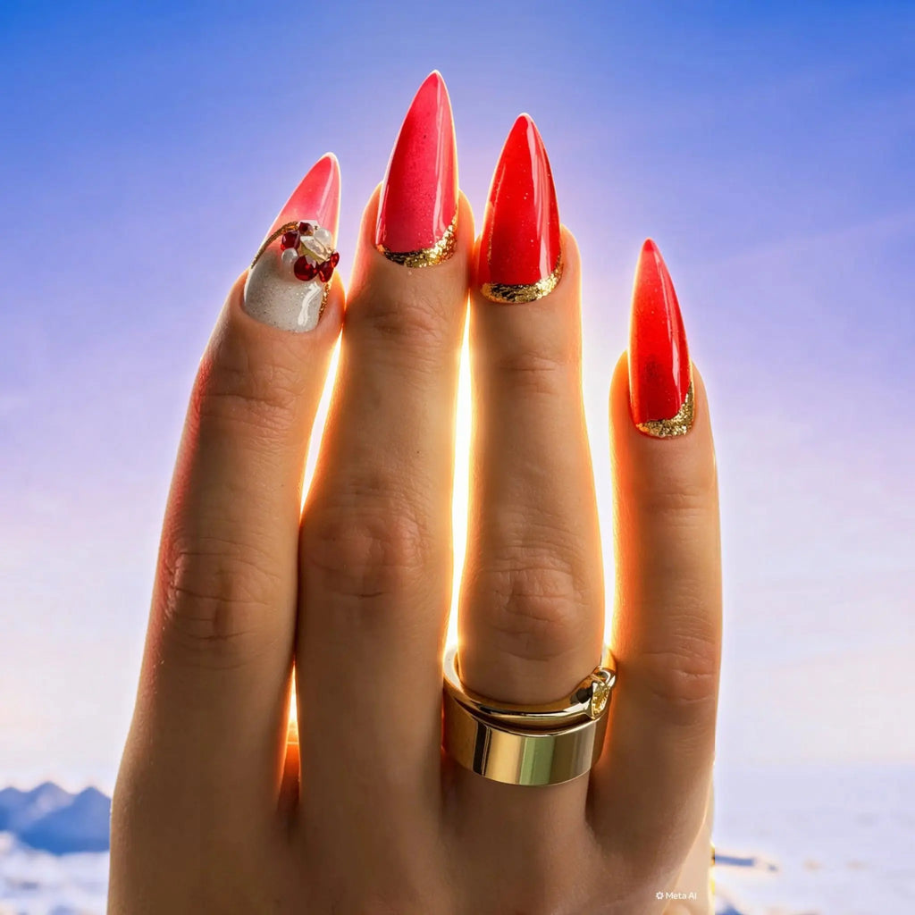 Press to Impress Saint Lucia press-on nails in coral-red with gold glitter tips and a crystal-embellished accent nail.