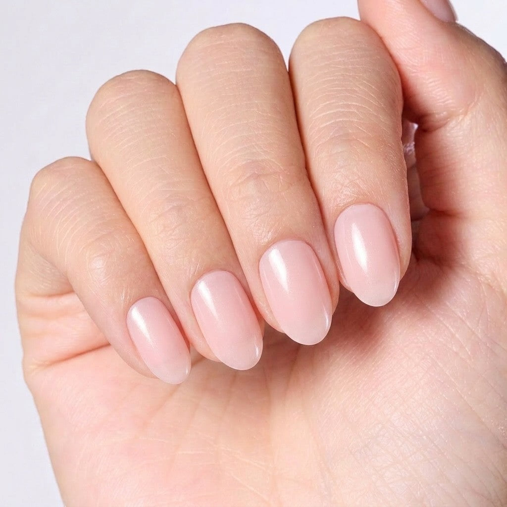 Press to Impress Soft Petal Nude short round press-on nails in a sheer pink nude shade.