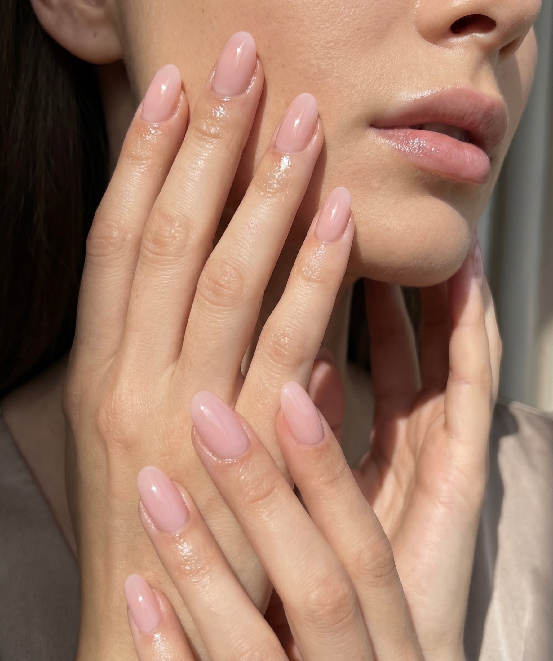 Press to Impress Soft Petal Nude short round press-on nails in a sheer pink nude hue, embodying the clean girl aesthetic.