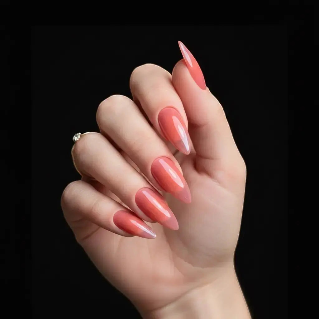 Press to Impress Sunset Syrup juicy coral-pink jelly nails with soft syrup gradients and ultra glossy shine.