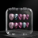 Press to Impress Amour Bloom extra-short almond press-on nails with rose, love, and ombré designs in mauve, plum, teal, and white.