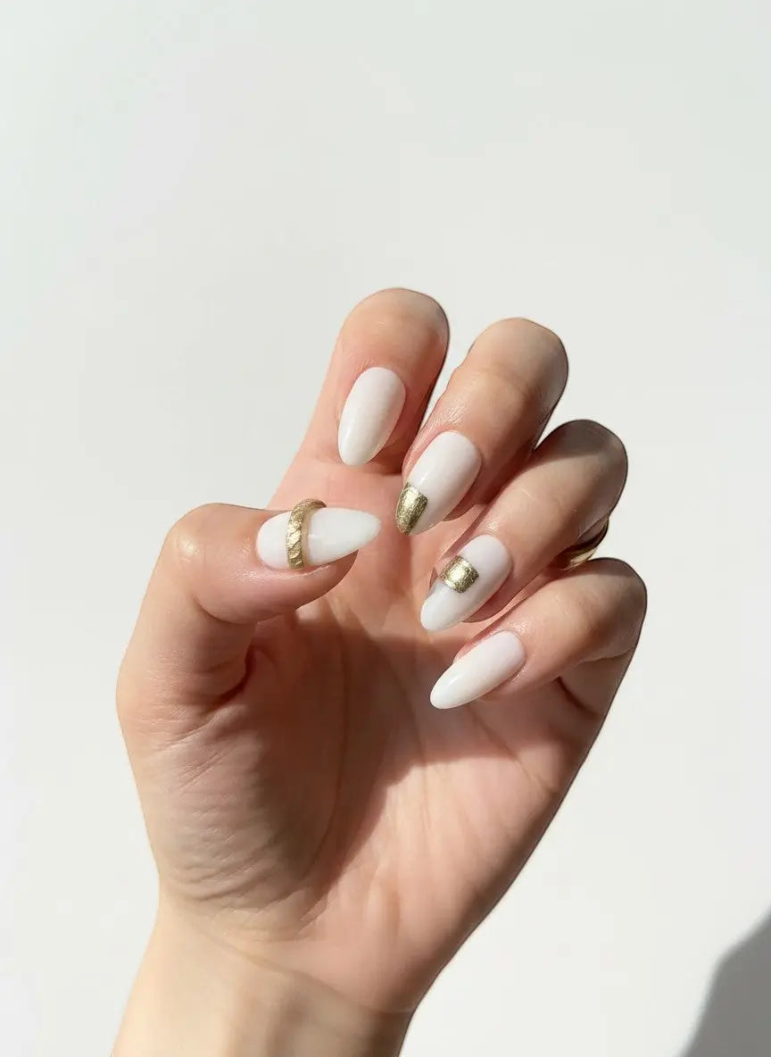 Press to Impress Gold Muse almond-shaped press-on nails with milky white base and gold accents.