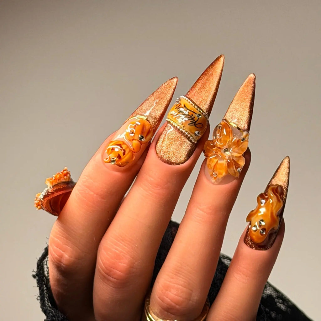 Pumpkin Hour long stiletto press-on nails with copper shimmer, 3D pumpkins, amber flower and sculptural ghost