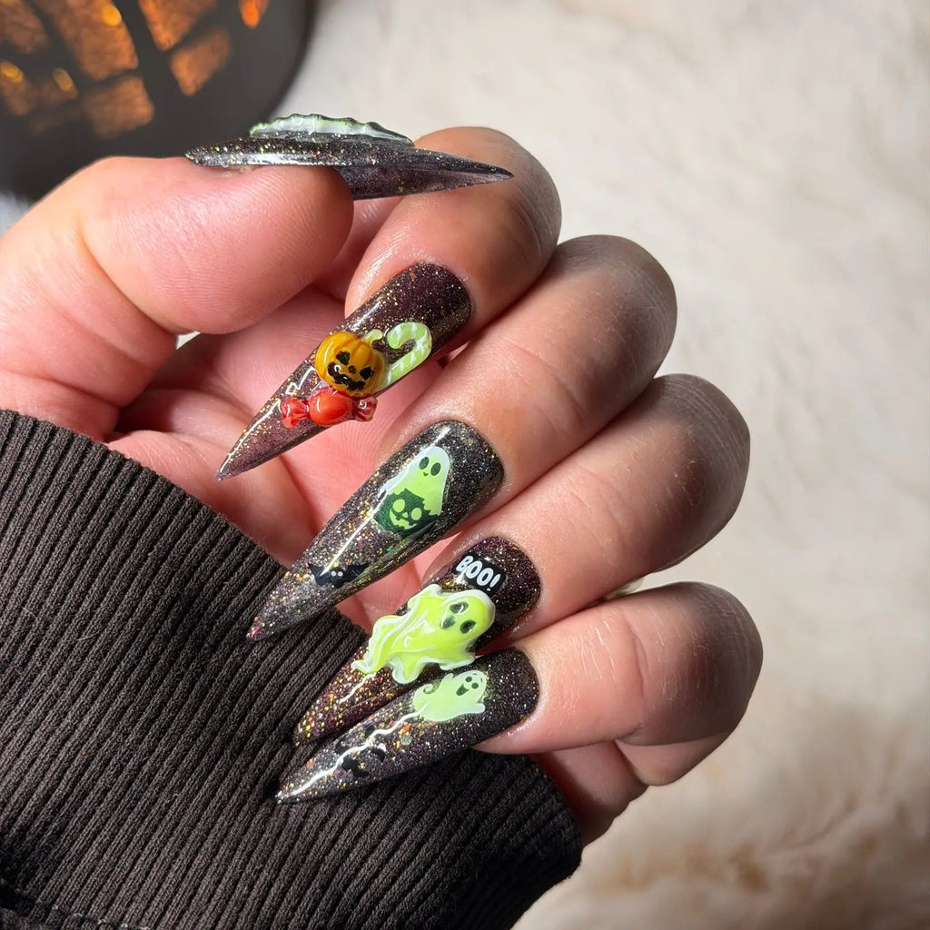 Spellbound Spirits handmade Halloween press-on nails with glitter gel and sculpted ghost, pumpkin and spooky nail art – view 2