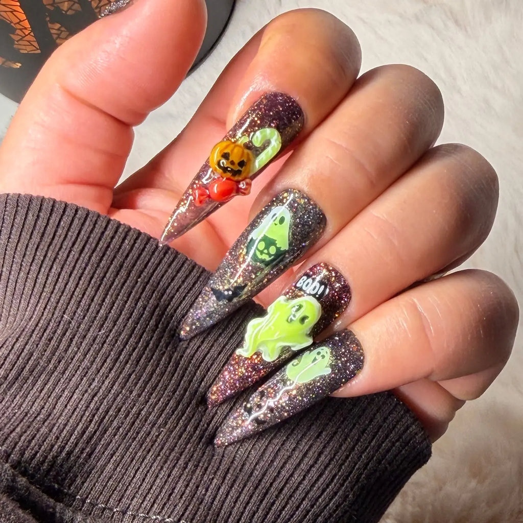 Spellbound Spirits handmade Halloween press-on nails with glitter gel and sculpted ghost, pumpkin and spooky nail art – view 3