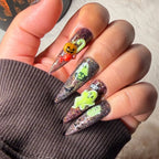 Spellbound Spirits handmade Halloween press-on nails with glitter gel and sculpted ghost, pumpkin and spooky nail art – view 3