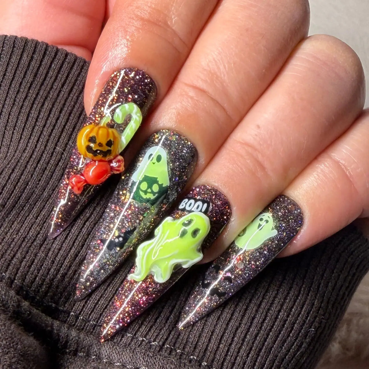 Spellbound Spirits handmade Halloween press-on nails with glitter gel and sculpted ghost, pumpkin and spooky nail art – view 4