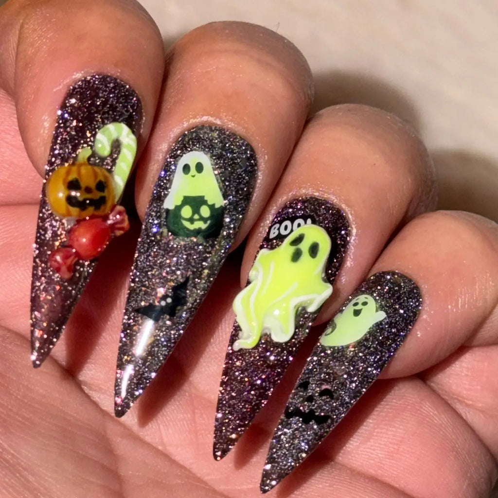 Spellbound Spirits handmade Halloween press-on nails with glitter gel and sculpted ghost, pumpkin and spooky nail art – view 5