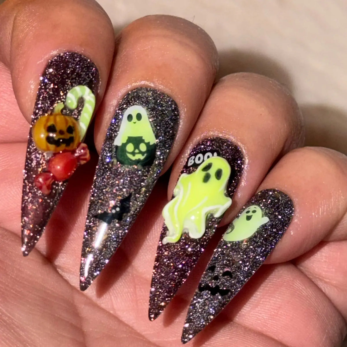Spellbound Spirits handmade Halloween press-on nails with glitter gel and sculpted ghost, pumpkin and spooky nail art – view 5