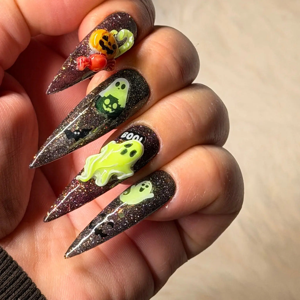 Spellbound Spirits handmade Halloween press-on nails with glitter gel and sculpted ghost, pumpkin and spooky nail art – view 6