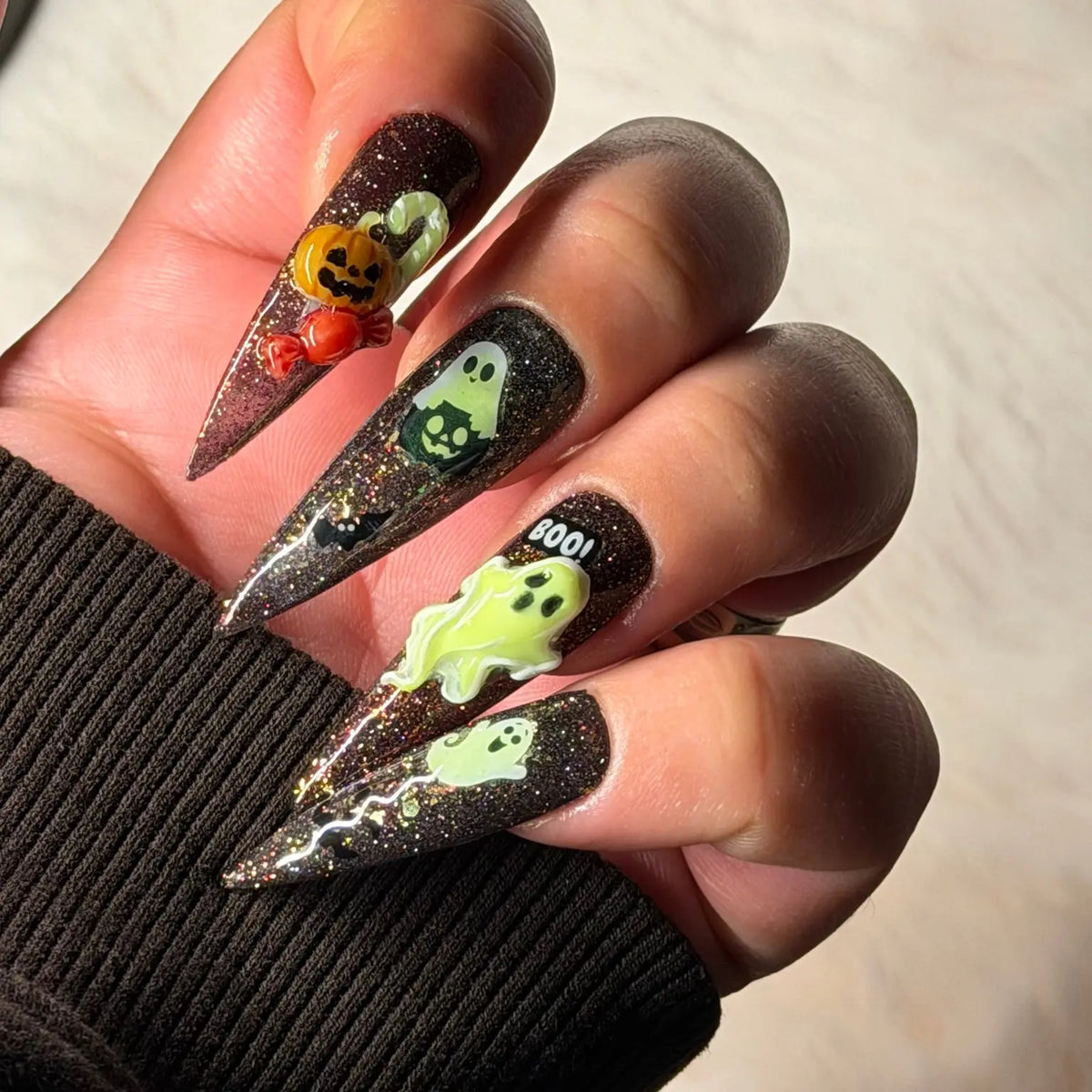 Spellbound Spirits handmade Halloween press-on nails with glitter gel and sculpted ghost, pumpkin and spooky nail art – view 7