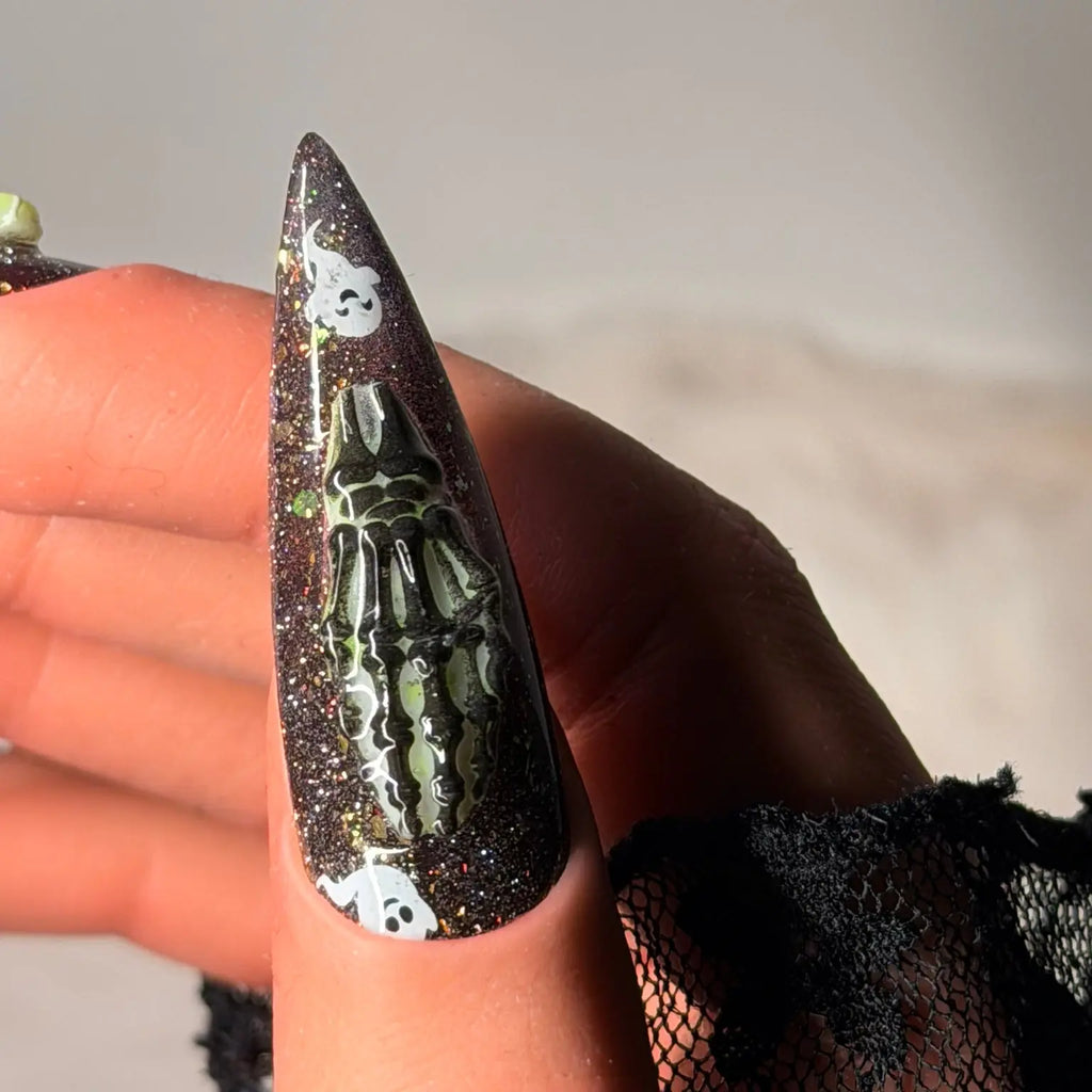 Spellbound Spirits handmade Halloween press-on nails with glitter gel and sculpted ghost, pumpkin and spooky nail art – view 8